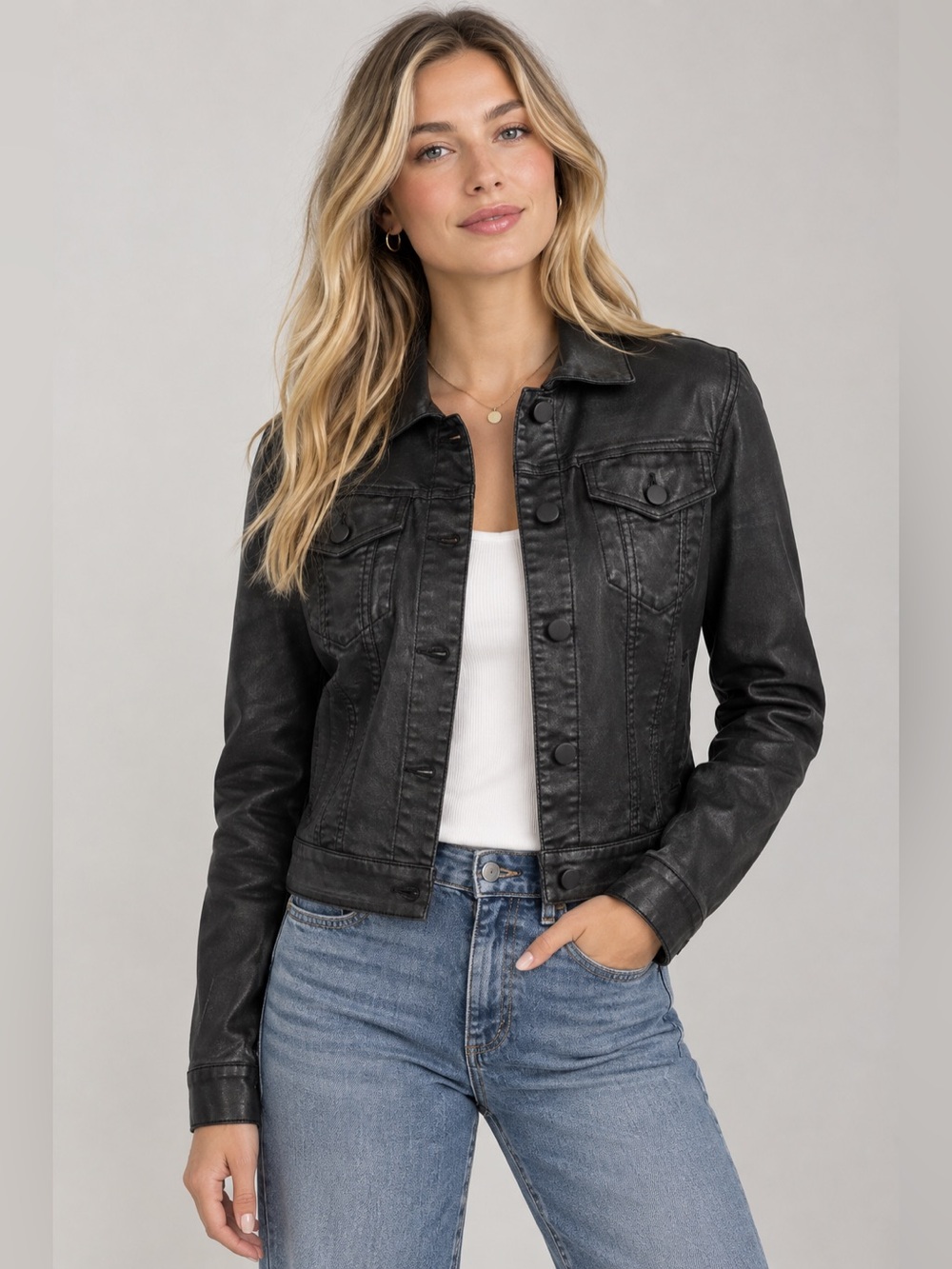 Anthropologie Cerule Button Down Jean Jacket Black Medium Faux-Leather